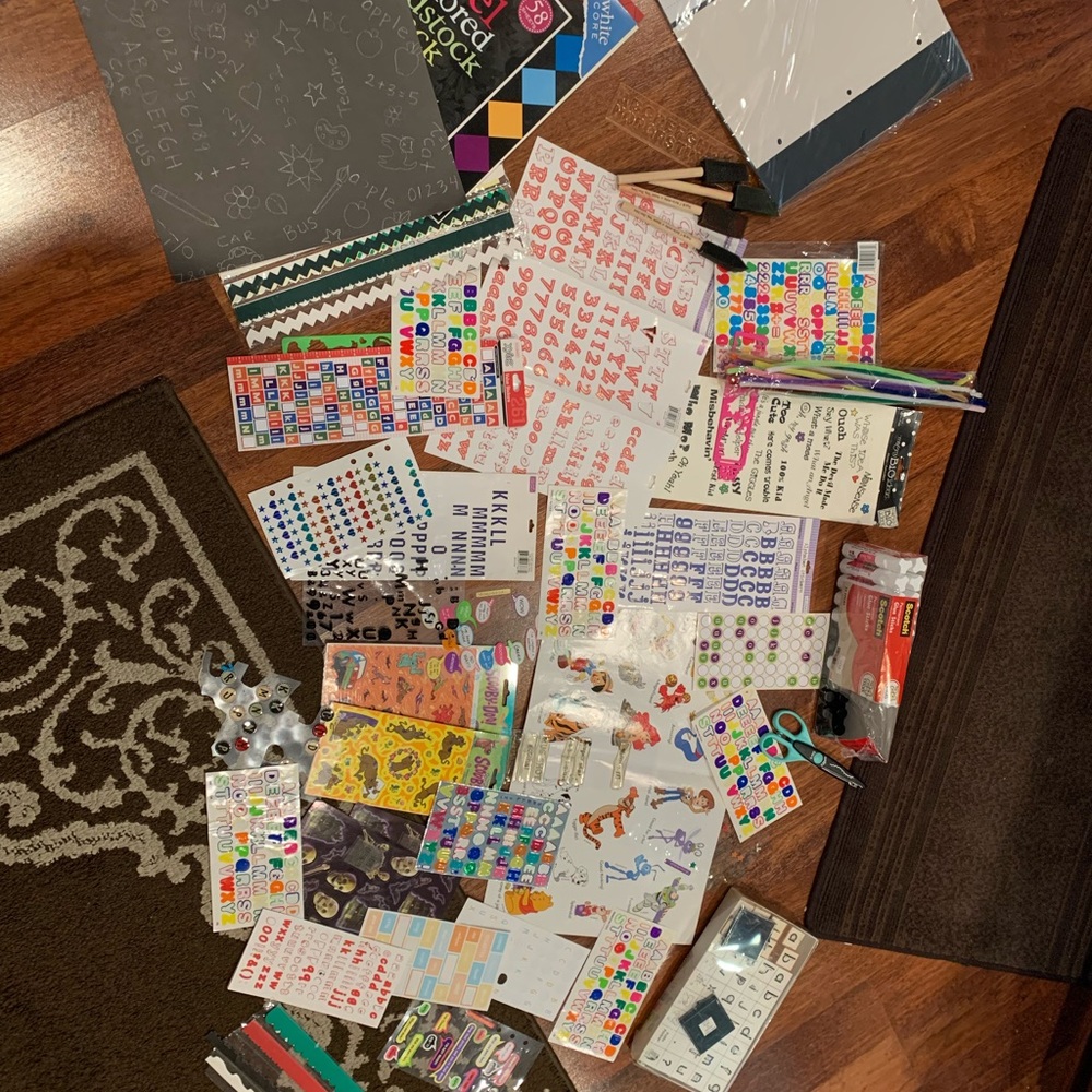 CRAFTING GALORE:stickers, glue sticks,card stock, alpha stamps, craft scissors….